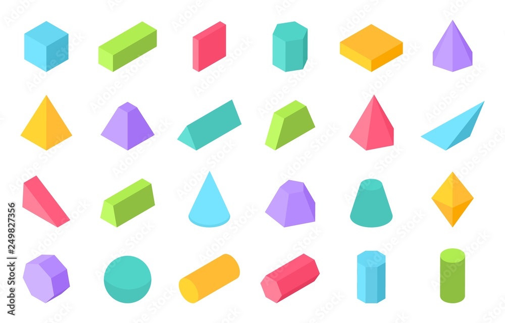 Poster Isometric shapes. 3D geometric form, flat geometry polygon objects such as prism pyramid cylinder sphere. Vector isometric set