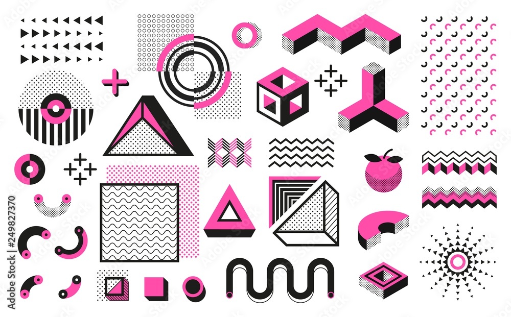Poster abstract geometric shapes. memphis modern minimal elements, hipster black halftone pattern. vector t