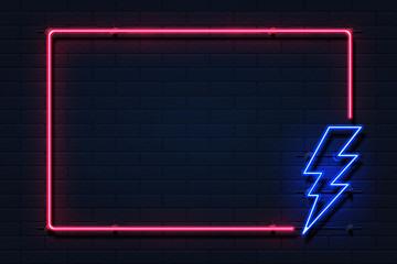 Neon lightning frame. Electricity power flash logo on black background, power outage concept. Vector lightning boarder illustration