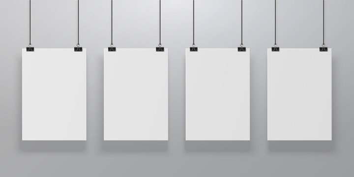 Realistic poster mockup. Blank paper hanging on binders at the wall, empty A4 paper poster clipped on ropes. Vector advertising frames