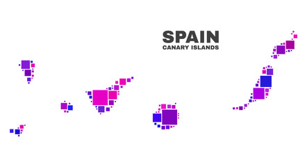 Mosaic Canary Islands map isolated on a white background. Vector geographic abstraction in pink and violet colors. Mosaic of Canary Islands map composed from scattered square elements.