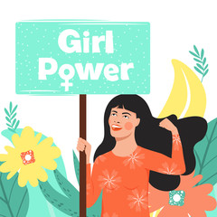 Feminism, girl power, International Women's Day concept with flowers and leaves. Strong girl with nameplates 
