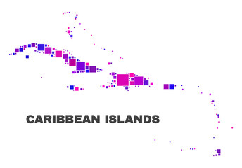 Mosaic Caribbean Islands map isolated on a white background. Vector geographic abstraction in pink and violet colors. Mosaic of Caribbean Islands map combined of random square elements.