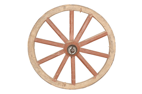 The old wooden wheel from the carriage is isolated on a white background