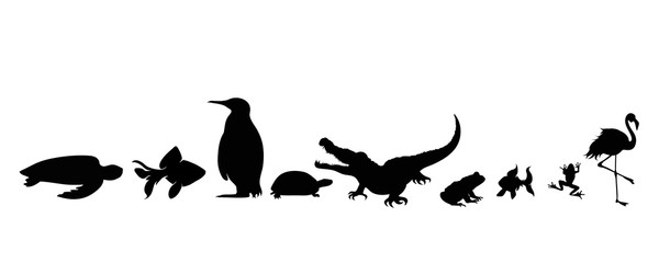 Illustration of set aquatic animals icon. Vector silhouette on white background.