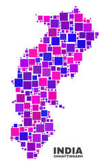 Fototapeta premium Mosaic Chhattisgarh State map isolated on a white background. Vector geographic abstraction in pink and violet colors. Mosaic of Chhattisgarh State map combined of scattered square elements.