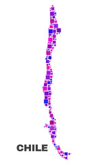 Mosaic Chile map isolated on a white background. Vector geographic abstraction in pink and violet colors. Mosaic of Chile map combined of random square elements.