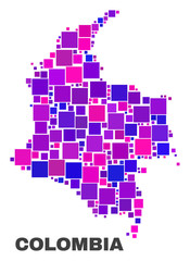 Mosaic Colombia map isolated on a white background. Vector geographic abstraction in pink and violet colors. Mosaic of Colombia map combined of scattered square elements.