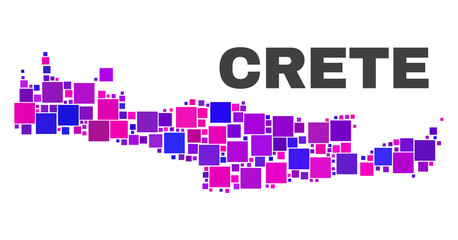 Mosaic Crete map isolated on a white background. Vector geographic abstraction in pink and violet colors. Mosaic of Crete map combined of scattered square elements.