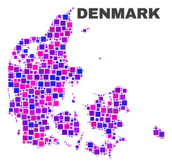 Obraz premium Mosaic Denmark map isolated on a white background. Vector geographic abstraction in pink and violet colors. Mosaic of Denmark map combined of scattered square elements.