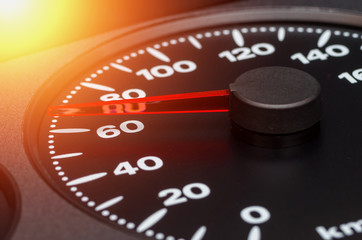 Close up shot of a speedometer in a car, 60 km/h