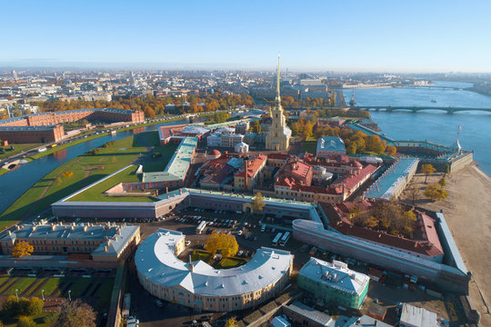 A view from the height of the Peter and Paul Fortress on a sunny October morning (aerial photography). Saint-Petersburg, Russia