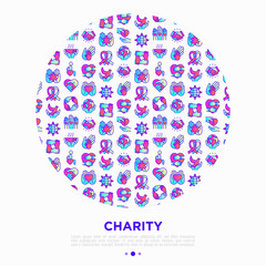 Charity concept in circle with thin line icons: donation, save world, reunion, humanitarian aid, ribbon, medical support, disabled people, life saving. Vector illustration, print media template.