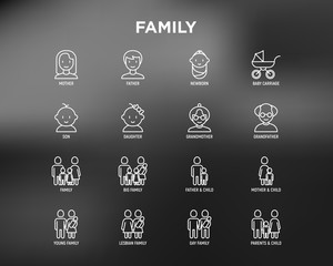 Family thin line icons set: mother, father, newborn, son, daughter, lesbian, gay, single mother and child, grandmother, grandfather. Modern vector illustration.