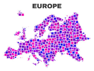 Mosaic Europe map isolated on a white background. Vector geographic abstraction in pink and violet colors. Mosaic of Europe map combined of random square elements.