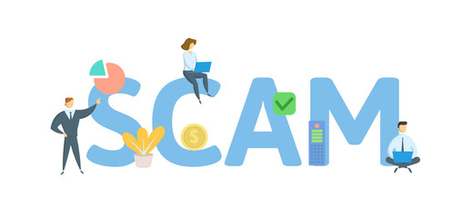 SCAM. Concept with people, letters and icons. Colored flat vector illustration. Isolated on white background.