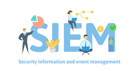 SIEM, Security information and event management. Concept with keywords, letters and icons. Colored flat vector illustration. Isolated on white background. - obrazy, fototapety, plakaty
