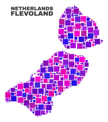 Mosaic Flevoland Province map isolated on a white background. Vector geographic abstraction in pink and violet colors. Mosaic of Flevoland Province map combined of scattered square elements.