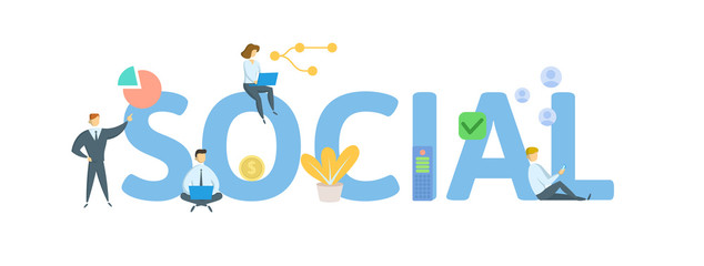 SOCIAL. Concept with people, letters and icons. Colored flat vector illustration. Isolated on white background.