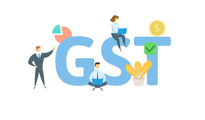 GST. Concept with people, letters and icons. Colored flat vector illustration. Isolated on white background.