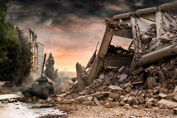 Tank T34 amongst city ruins with dramatic red and dusty clouds.