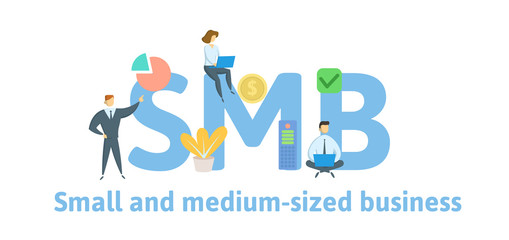SMB, Small and Medium-Sized Business. Concept with keywords, letters and icons. Colored flat vector illustration. Isolated on white background.
