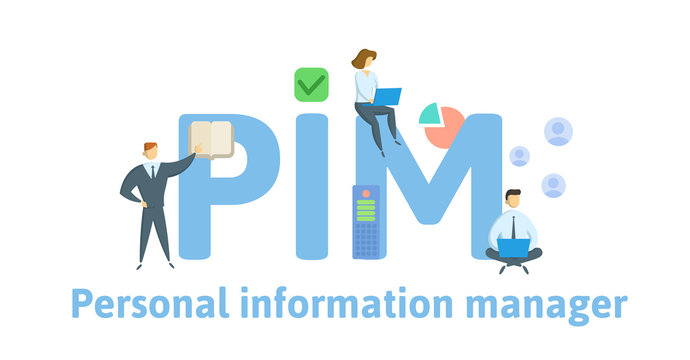 PIM, Personal Information Manager. Concept with keywords, letters and icons. Colored flat vector illustration. Isolated on white background.