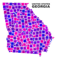 Mosaic Georgia State map isolated on a white background. Vector geographic abstraction in pink and violet colors. Mosaic of Georgia State map combined of random square items.