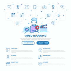Video blogging concept with thin line icons: blogger making video with camera and play button. Modern vector illustration, web page template.
