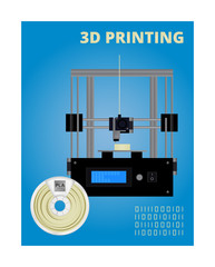 Vector concept of 3D printing. Icon of fused deposition modeling 3D printer, pla natural white filament for 3D printing wounded on the spool and Gcode. Design is on a blue background.