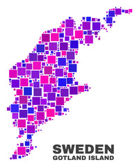 Mosaic Gotland Island map isolated on a white background. Vector geographic abstraction in pink and violet colors. Mosaic of Gotland Island map combined of scattered square elements.