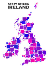 Mosaic Great Britain and Ireland map isolated on a white background. Vector geographic abstraction in pink and violet colors. Mosaic of Great Britain and Ireland map combined of random square items.