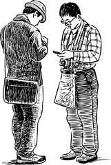 Sketch of two sightseers with a mobile phone