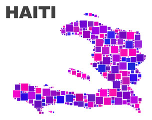 Mosaic Haiti map isolated on a white background. Vector geographic abstraction in pink and violet colors. Mosaic of Haiti map combined of random small squares.
