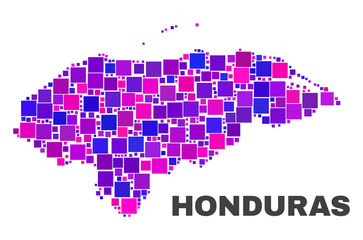 Mosaic Honduras map isolated on a white background. Vector geographic abstraction in pink and violet colors. Mosaic of Honduras map combined of random small squares.