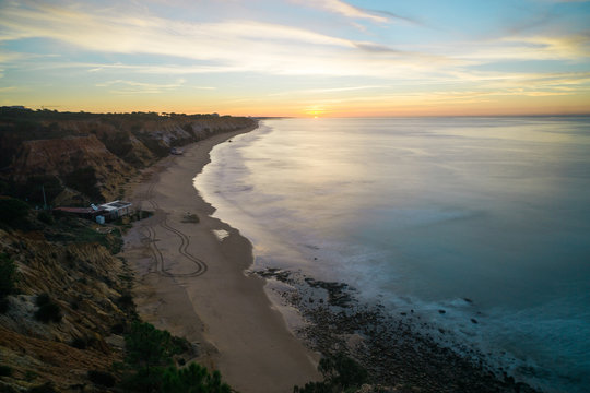 Falesia Beach and ocean during sunrise, Albufeira, Algarve, Portugal