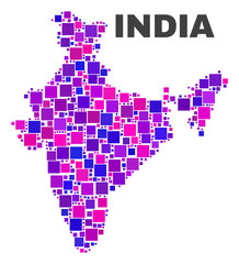 Mosaic India map isolated on a white background. Vector geographic abstraction in pink and violet colors. Mosaic of India map combined of scattered square items.