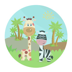 Zebra with giraffe in nature. Cartoon color vector illustration in a circle, landscape with animals palm trees and grass-Vector
