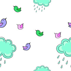 birds and clouds pattern, spring doodle background, seamless vector pattern hand drawn doodle birds and clouds on white background, bright sunny pattern for your design