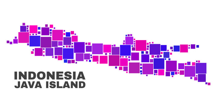 Mosaic Java Island map isolated on a white background. Vector geographic abstraction in pink and violet colors. Mosaic of Java Island map combined of random small squares.