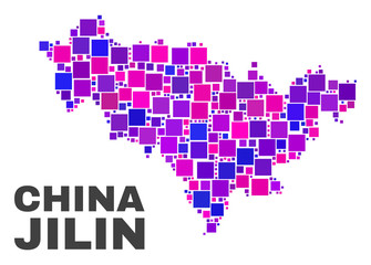 Mosaic Jilin Province map isolated on a white background. Vector geographic abstraction in pink and violet colors. Mosaic of Jilin Province map combined of random square elements.