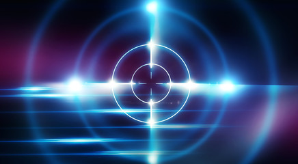 Futuristic abstract background with neon target, laser beams and a searchlight.