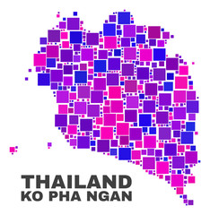 Mosaic Ko Pha Ngan map isolated on a white background. Vector geographic abstraction in pink and violet colors. Mosaic of Ko Pha Ngan map combined of random square elements.
