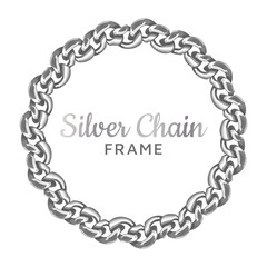Silver chain round border frame. Wreath circle wavy shape. Jewelry design, text frame. Realistic vector illustration isolated on a white background.