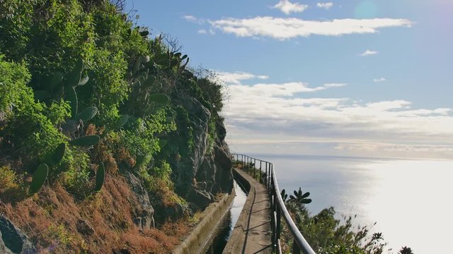 Levada on Madeira. Tourist path on the Spring Island.