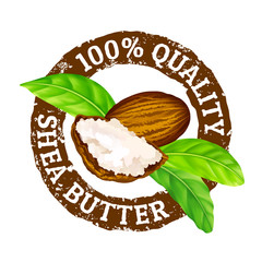 Vector grunge rubber stamp "100% quality shea butter" on a white background. Shea nuts, butter and green leaves.