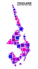 Mosaic Koh Phi Leh map isolated on a white background. Vector geographic abstraction in pink and violet colors. Mosaic of Koh Phi Leh map combined of scattered square elements.