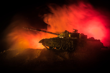 War Concept. Military silhouettes fighting scene on war fog sky background, World War German Tanks...