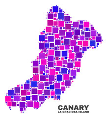 Mosaic La Graciosa Island map isolated on a white background. Vector geographic abstraction in pink and violet colors. Mosaic of La Graciosa Island map combined of random square items.