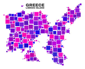 Obraz premium Mapa wyspy Limnos mozaika samodzielnie na białym tle. Abstrakcja geograficzna wektor w kolorach różowym i fioletowym. Mozaika mapy wyspy Limnos złożona z rozproszonych kwadratowych elementów.